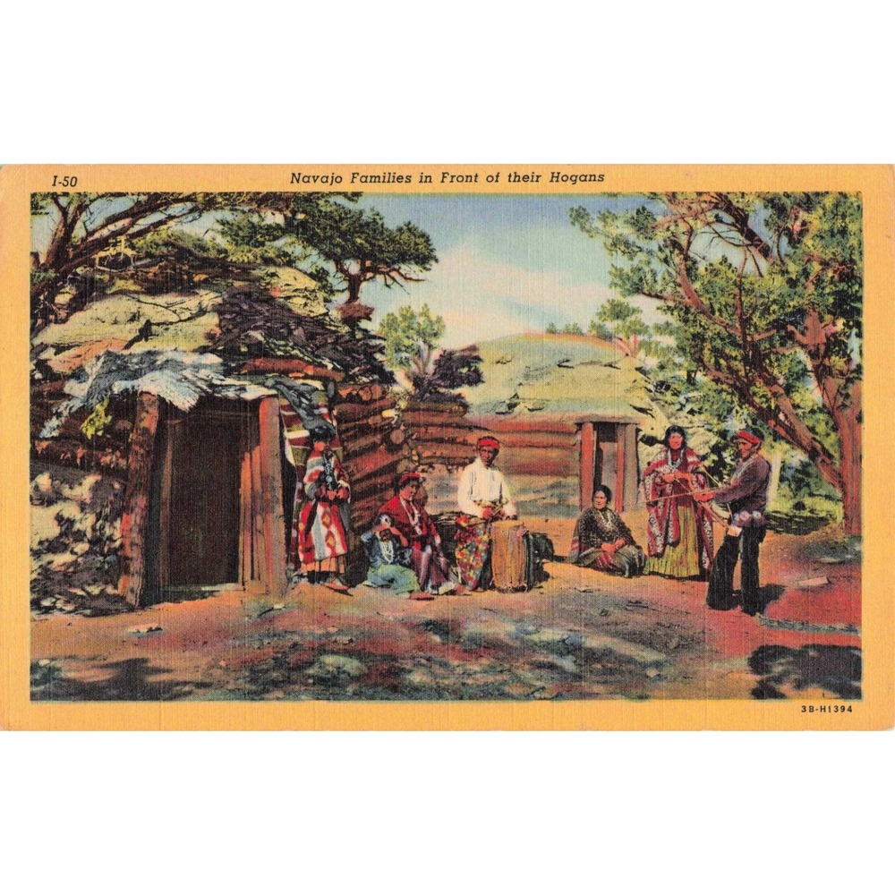 Vintage Navajo Families in Front of their Hogans Linen Postcard I-50 Curteich